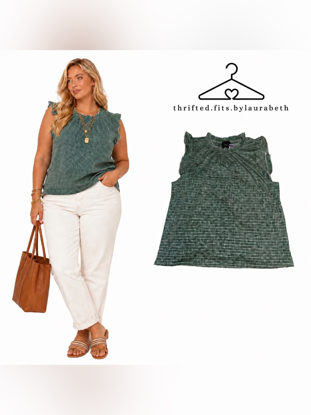 W5 Green Gingham Ruffle Sleeve Sleeveless Top